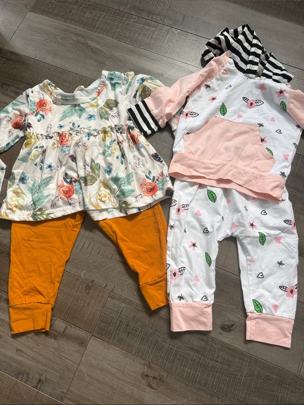 Girls Floral Tunic with Mustard Leggings & Pink Hooded Romper Set